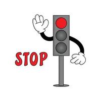 ilustración de semáforo en personaje de dibujos animados retro con señales de tráfico, luz roja. señal de stop