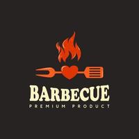 diseño de logotipo de barbacoa, espátula de estilo vintage y fuego con amor vector