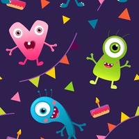 Kids monster vector pattern with cute eyes, tongue, tooth fang