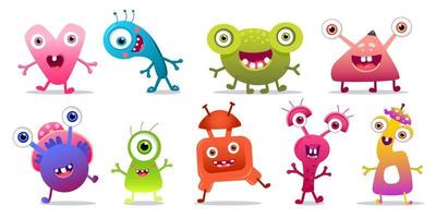 Cute cartoon Monster colorful vector set Eyes tongue tooth fang hands up