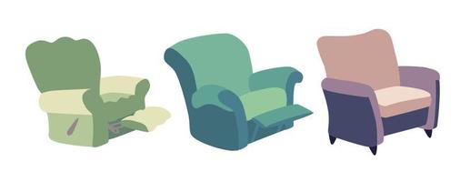 un conjunto de sillas de dibujos animados en diferentes estilos. vector