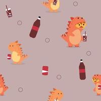 cute dinosaur drinking soft drinks background or fabric pattern for printing vector