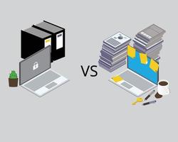 clean desk policy or CDP compare with dirty and untidy desk vector