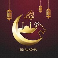 Eid al Adha Arabian word calligraphy with Goat, crescent moon and mosque. Vector Illustration