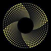 Halftone circle vector frame with yellow abstract random dots, logo emblem, design elements. Optical art. Round border icon using halftone circle dots. Optical illusion background.