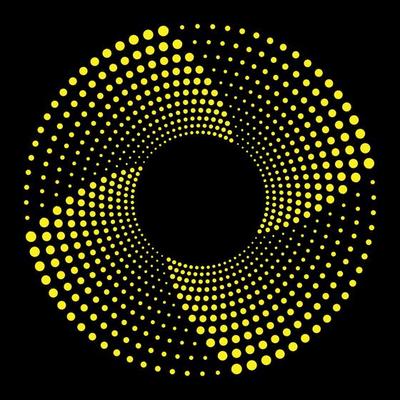 Halftone circle vector frame with yellow abstract random dots, logo emblem, design elements. Optical art. Round border icon using halftone circle dots. Optical illusion background.