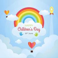 International Childrens Day illustration with rainbow air balloon and clouds on blue sky background vector