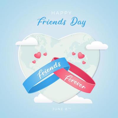 Happy Best Friends Day June 8th heart and bracelet shaped map illustration on blue background