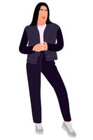 Young slim stylish girl in fashionable suit standing. Adult grown model. Isometric flat style. vector