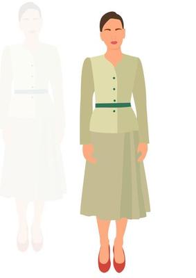 Young slim stylish girl in fashionable suit standing. Isometric flat style.