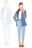 Young slim stylish girl in fashionable suit standing. Adult grown model. Isometric flat style. vector