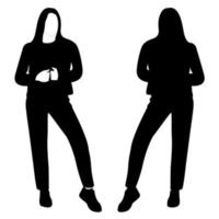 The outline of a black and white silhouette of a slender stylish girl in a fashionable suit standing. Adult model. vector