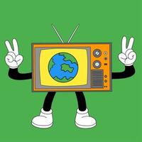 a cute cartoon television illustration with the earth on the screen on a bright color background
