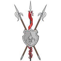 Middle ages heraldry shield vector design, coat of arms with fleur de lis heraldic symbol, with halberd and spear with pennant