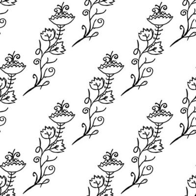 Seamless floral wallpaper. Doodle vector with black and white floral ornament. Vintage floral decor