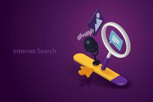 Icon magnifying glass, mic, pictures on purple background. vector