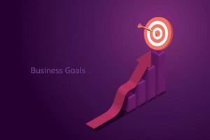 Red arrow is directed towards target on bar graph on purple background. vector