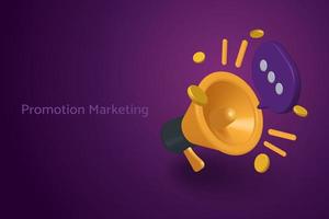 promoción de marketing a través de un gran megáfono amarillo con burbujas de voz y monedas vector