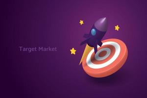 Rocket takes off with a red dartboard on a purple background vector