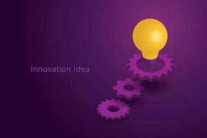Yellow glowing light bulb and cog gears on purple background vector