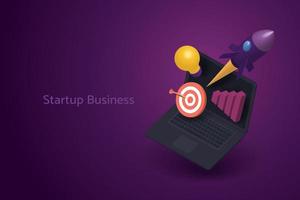 Business startup with creative idea, space rocket light bulb target graph floating from laptop. vector