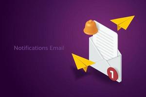 Envelope, bell and yellow paper plane icons on a purple background vector