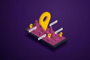 Mobile screen navigation app 3D city map yellow pin pointing to location. vector