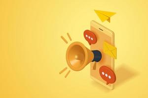 Megaphone, mail icon, paper plane and message on screen, smartphone vector