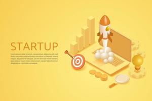 Startup business developing, space rocket soaring from laptop. vector