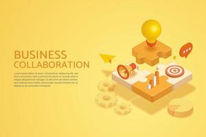Business cooperation concept, puzzle, light bulb, megaphone, graph, dartboard on yellow background. vector
