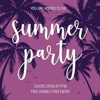 Summer party invitation banner or poster for social media posts or web projects. Beach summer party invite card with palm trees and flying birds on background. Vector illustration in flat style.