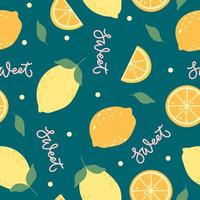 patrón transparente colorido y brillante con jugosos limones, hojas y letras. vector