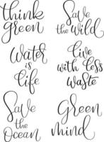 conjunto de frases de letras sobre la naturaleza y la sostenibilidad. caligrafía dibujada a mano. vector
