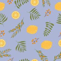 Colourful and bright seamless pattern with juicy lemons, leaves and berries.