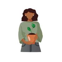chica de piel oscura sosteniendo cuidadosamente una planta verde joven en una olla. protección del medio ambiente, ecología, protección de la naturaleza y concepto de vector a tierra.