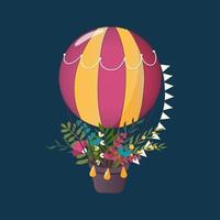 Handdrawn colourful air balloon with flowers, leaves and butterflies. vector
