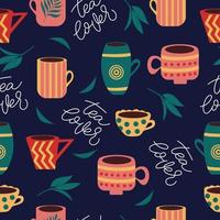 Colourful and bright seamless pattern with different cups, mugs and tea tree leaves.