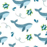 Seamless pattern with whales and turtles in blue and green colours on a white background.