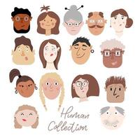 Set of various handdrawn faces of men and women of different ages and races.  Set of different emotions and characters. vector