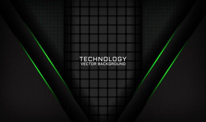3D black technology abstract background overlap layer on dark space with green light line effect decoration. Graphic design element future style concept for banner, flyer, card, cover, or landing page