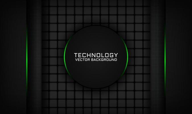 3D black technology abstract background overlap layer on dark space with green light circle effect decoration. Graphic design element future style concept for banner, flyer, cover, or landing page