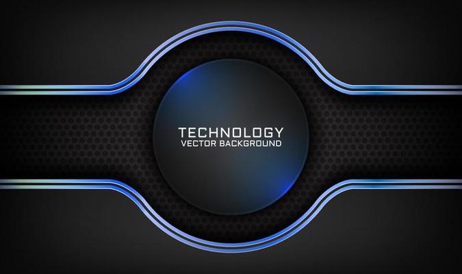 3D black technology abstract background overlap layer on dark space with blue light circle effect decoration. Graphic design element future style concept for banner, flyer, cover, or landing page