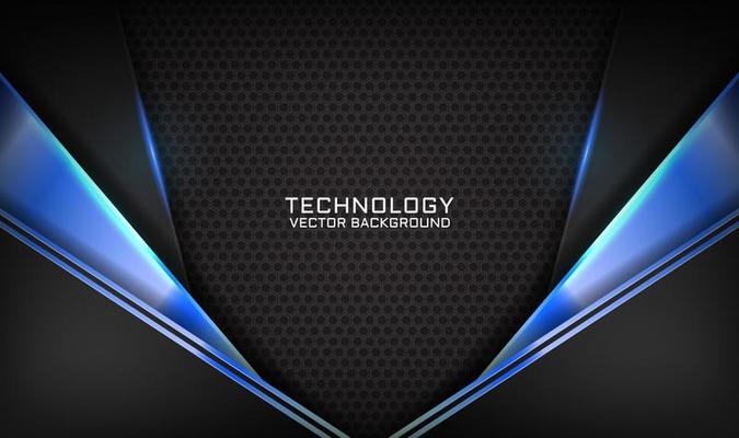 3D black technology abstract background overlap layer on dark space with blue light line effect decoration. Graphic design element future style concept for banner, flyer, card, cover, or landing page
