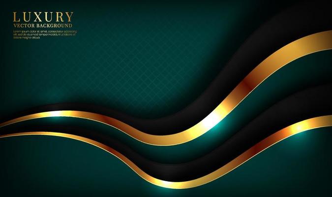 3D green luxury abstract background overlap layer on dark space with golden waves effect decoration. Graphic design element elegant style concept for flyer, banner, brochure cover, or landing page