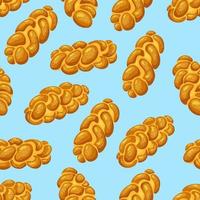 Loaf Challah Holiday jewish braided seamless pattern. Saturday bread on blue isolated background. Vector cartoon illustration of food