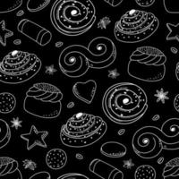 Traditional Swedish sweets black and white seamless pattern. Suitable for printing on packaging, paper, for menu design. Vector contour background.