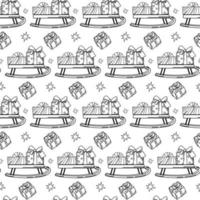 Holiday Christmas seamless pattern with sledges and gift boxes. Coloring book for adults. Outline vector background