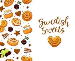 Traditional swedish sweets seamless border and calligraphy. Pepparkakor, cinnamon and choklad boll, delicious dessert. Vector cartoon illustration