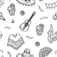 Mexican seamless pattern on white background. Background in the outline style. Coloring book. Vector illustration.