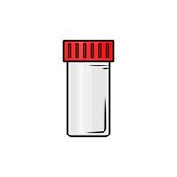 Plastic empty tube for analysis. Taking urine, feces. Icon. Container with a red lid. Vector cartoon illustration.